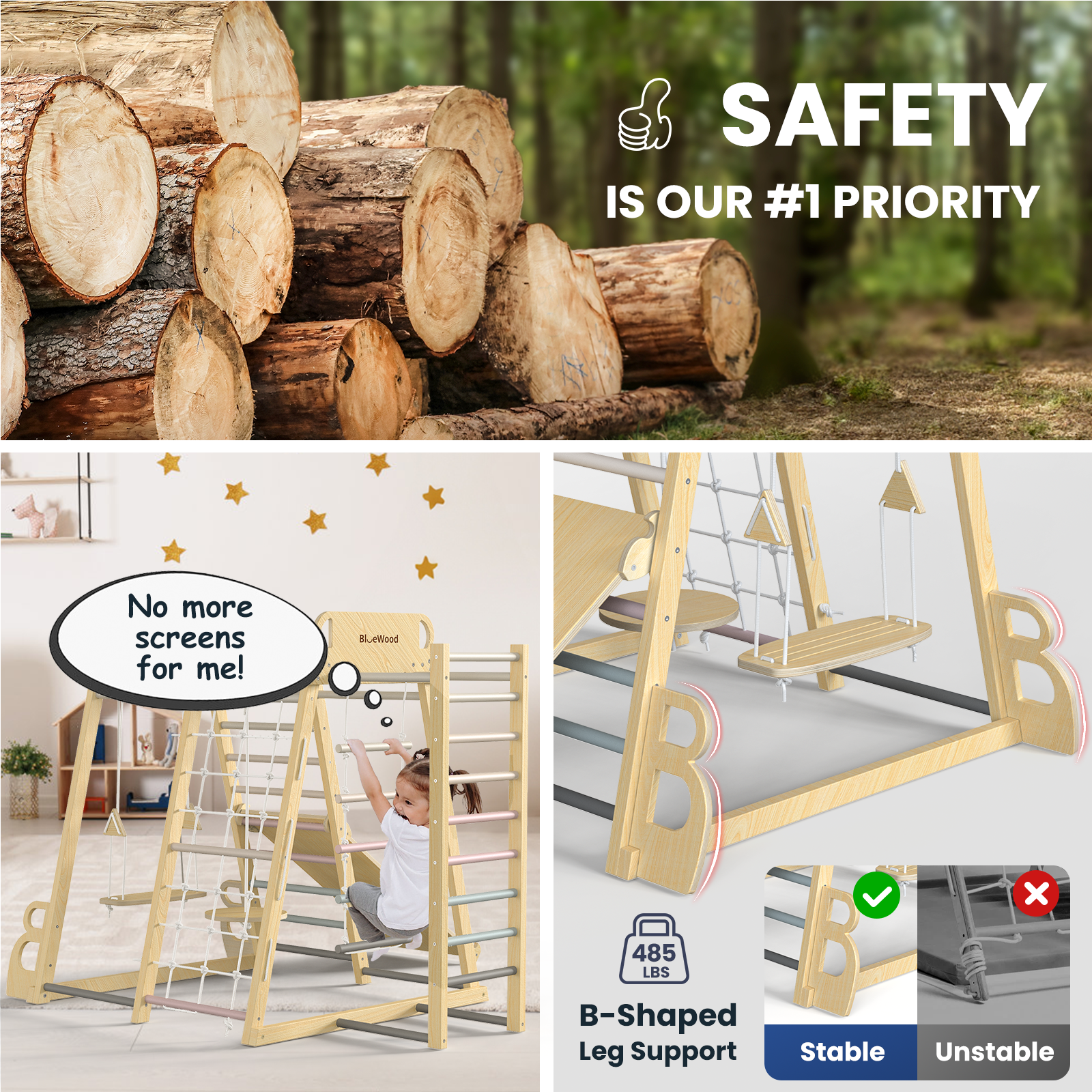 Safari Land - Juegos de columpios de gimnasio de jungla para interiores BlueWood®*Morandi